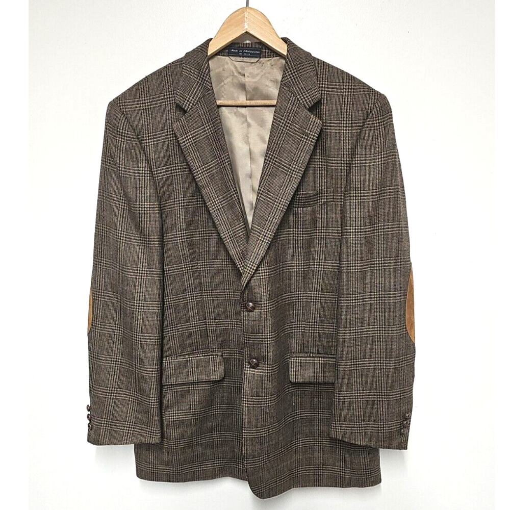 VTG Glen Check Plaid Lambswool Blazer Mens 42L Academia Elbow Patch Professor